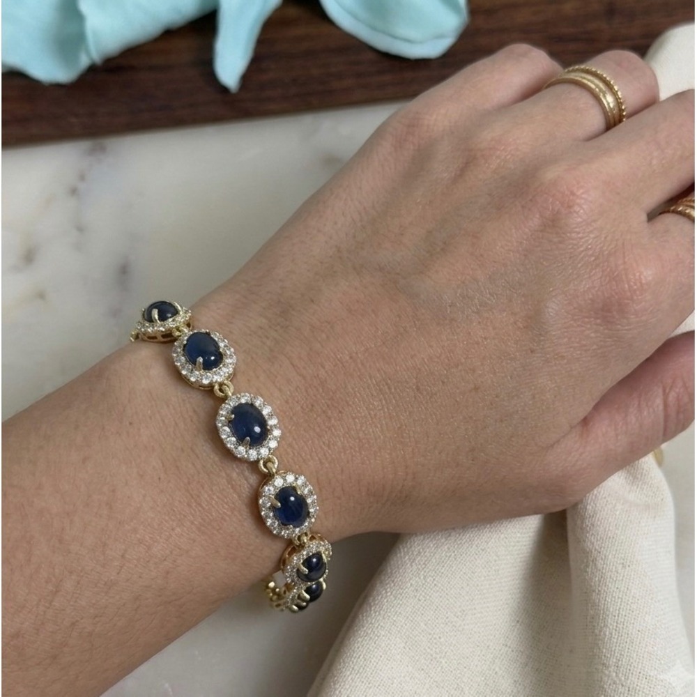 14K Gold Plated XP Womens Halo Link Bracelet Adjustable Blue Oval Stone